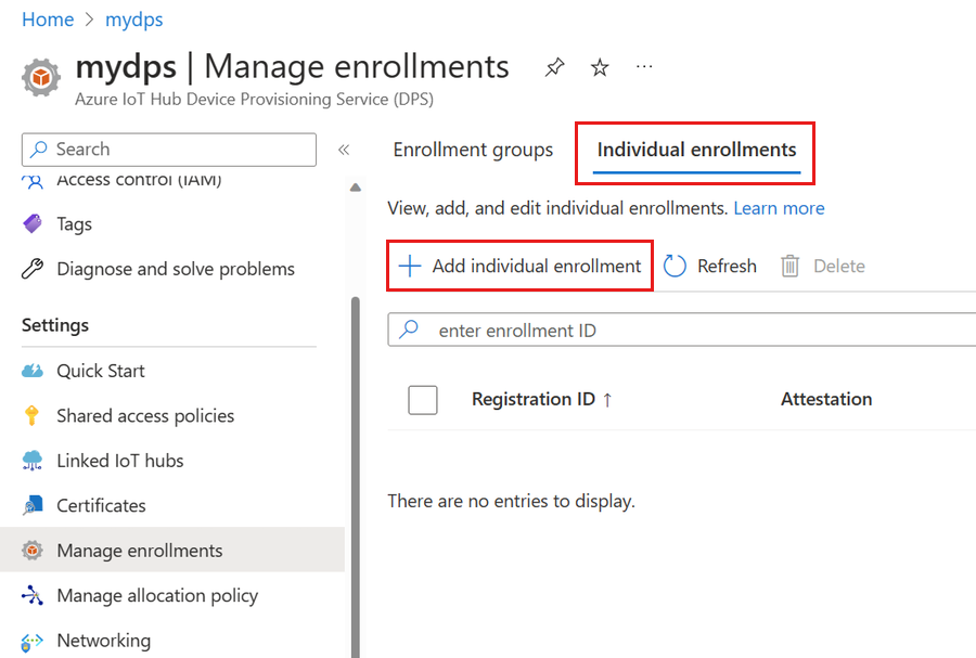 Screenshot that shows the add individual enrollment option.