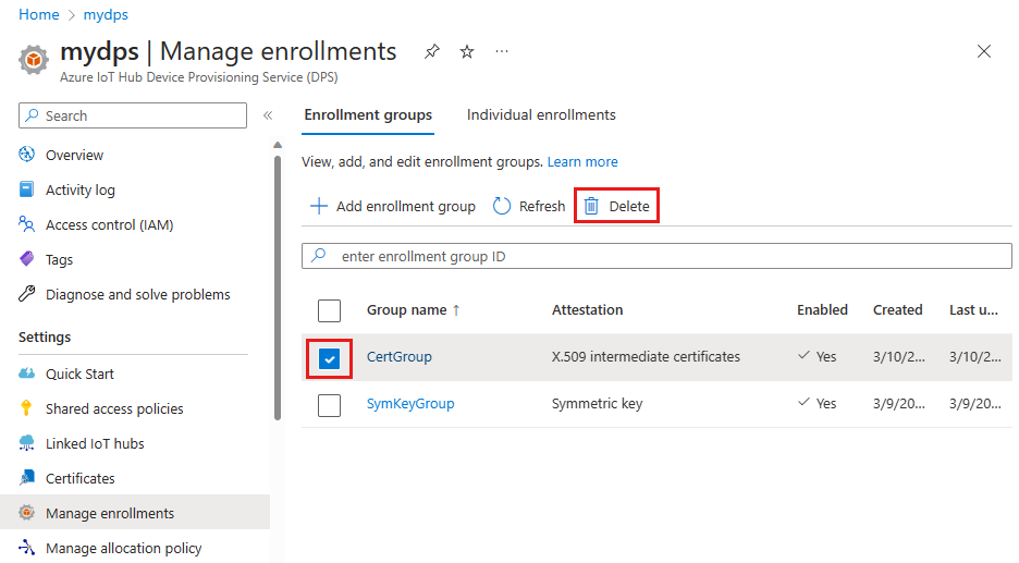 Delete enrollment group entry in the portal