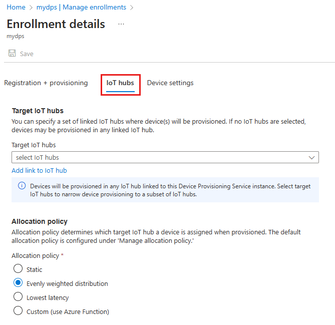 Screenshot that shows the allocation policy and selected hubs settings on Add Enrollment page.