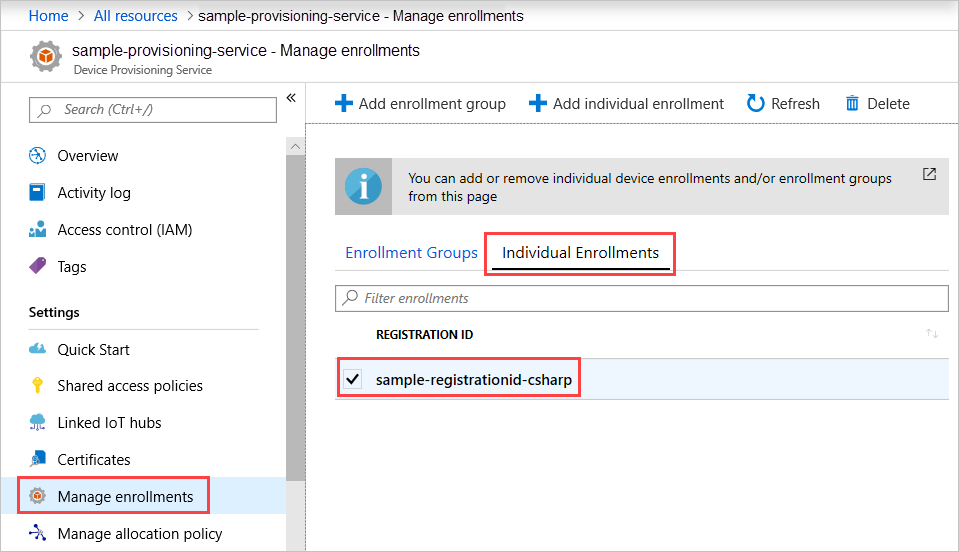 Screenshot that shows verifying enrollment for a C# individual device in the portal.