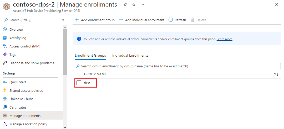 Screenshot that shows the newly created enrollment group in the portal.