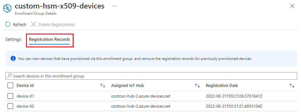 Screenshot that shows the registration records tab for the enrollment group on Azure portal.