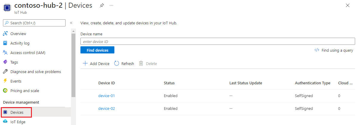 Screenshot that shows the devices are registered with the I o T hub in Azure portal.