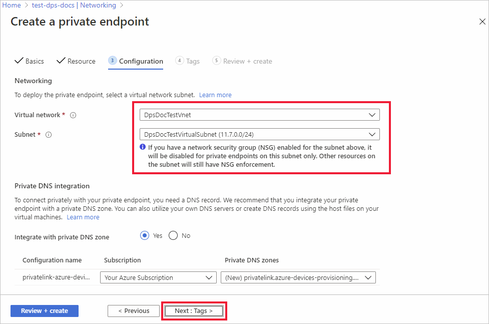 Screenshot that shows the private endpoint configuration page.