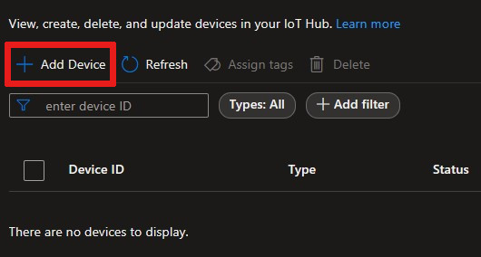 Screenshot of where to find the Add Device button in the IoT Hub of the Azure portal.