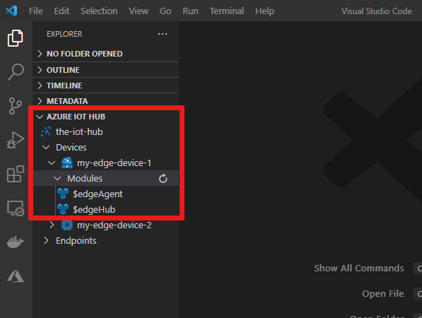 Screenshot that shows where to expand the Azure IoT Hub menu in the Explorer view of Visual Studio Code.