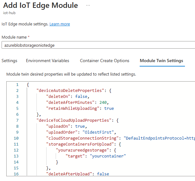 Screenshot shows the Module Twin Settings tab of the Add I o T Edge Module page.