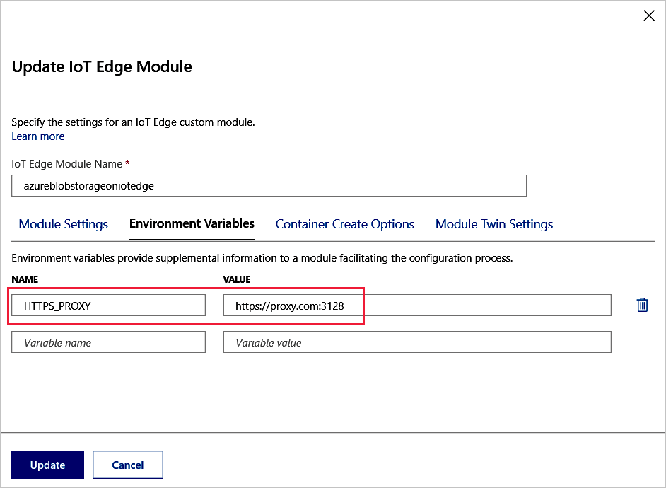 Screenshot showing the Update IoT Edge Module pane where you can enter the specified values.