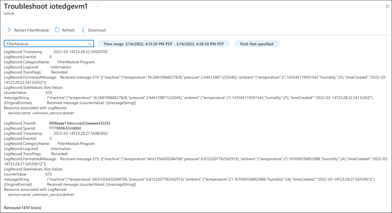 Screenshot of the filter module log within the Azure portal.