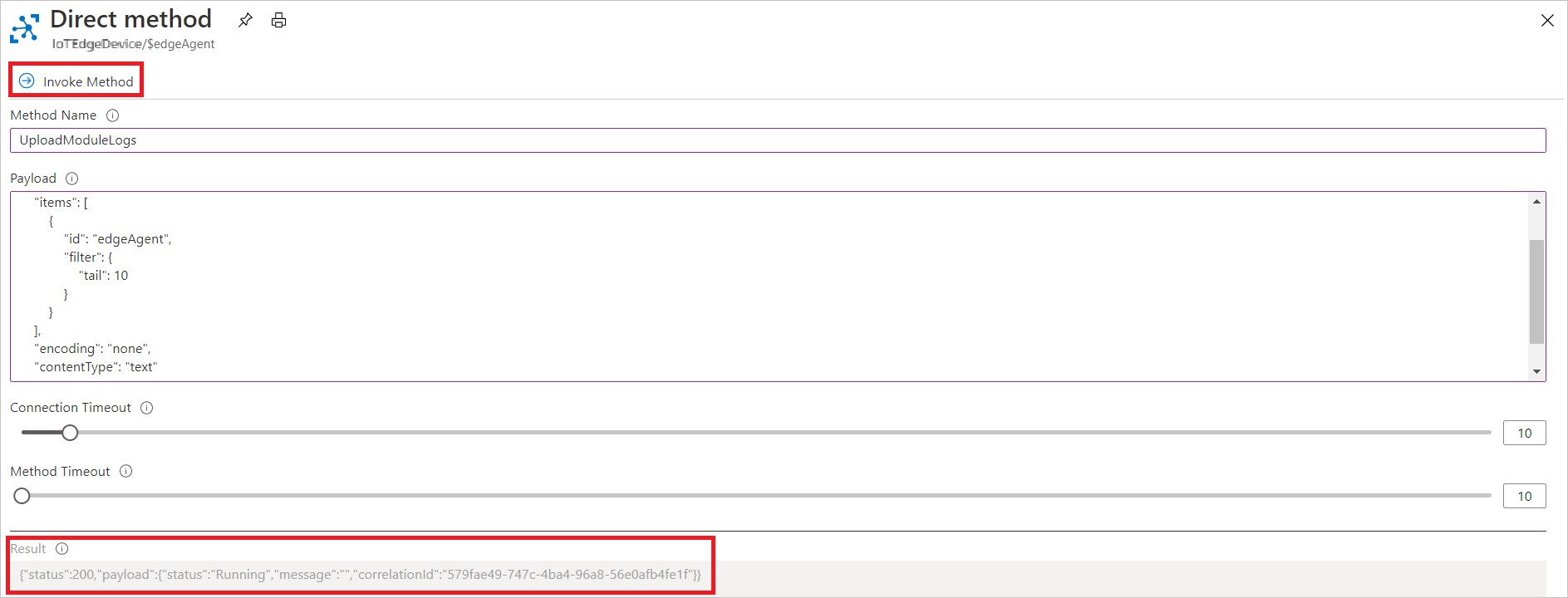 Screenshot of how to invoke direct method UploadModuleLogs in the Azure portal.