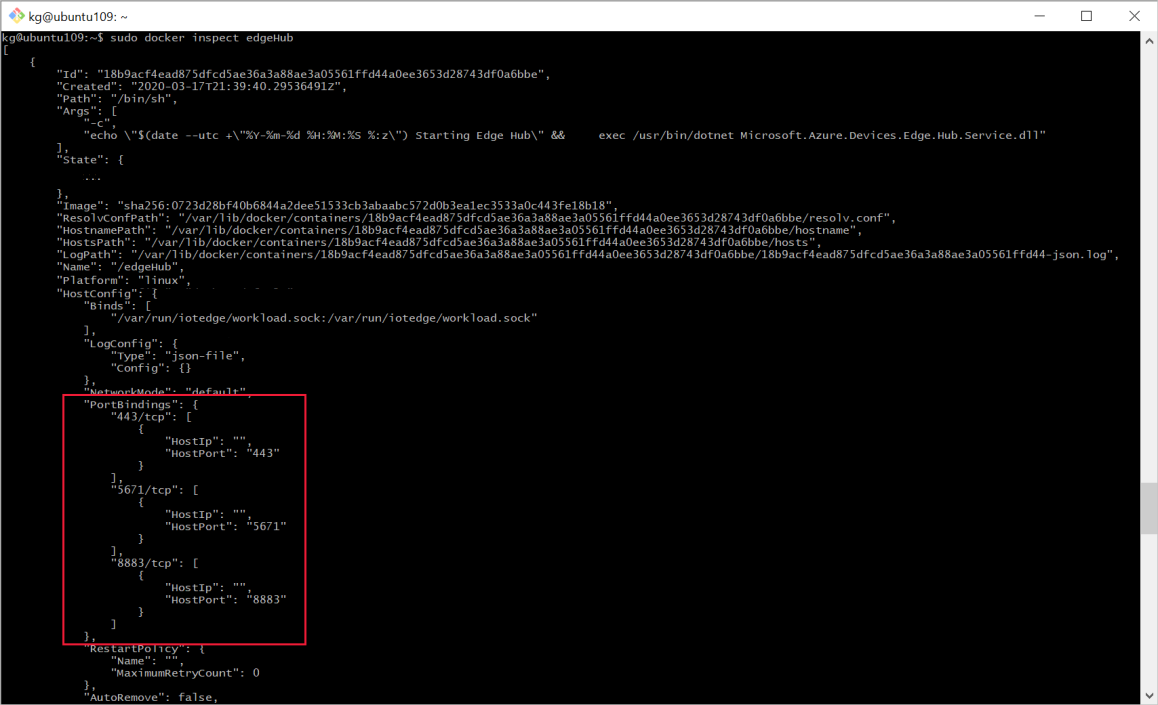 Screenshot of the results of the command docker inspect edgeHub.