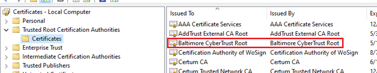 Screenshot showing Baltimore CyberTrust Root certificate listed in the Windows certificate store.