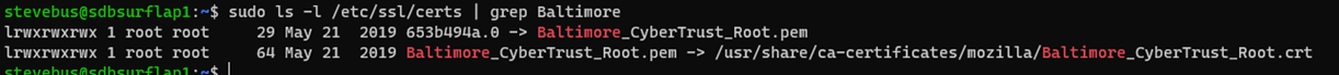 Screenshot showing Baltimore CyberTrust Root certificate listed in the Ubuntu certificate store.
