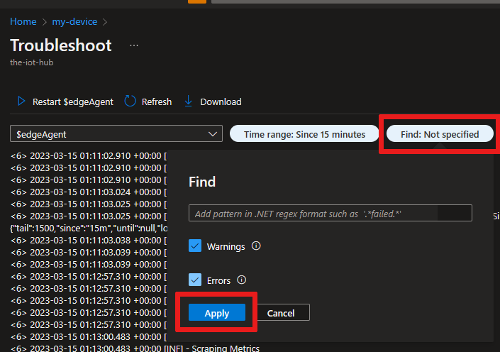Screenshot showing how to use a dotnet regex pattern to search the logs, using the Find filter.