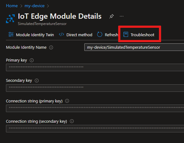 Screenshot of the location of the Troubleshoot tab on the Azure portal, module details page.