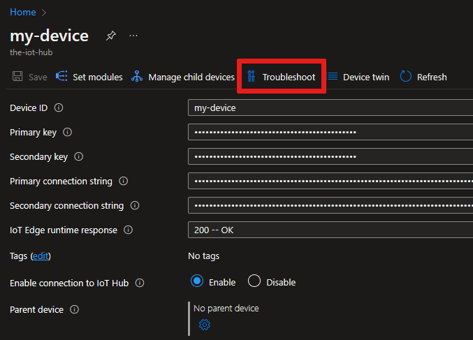 Screenshot of the location of the Troubleshoot tab on the Azure portal, device details page.