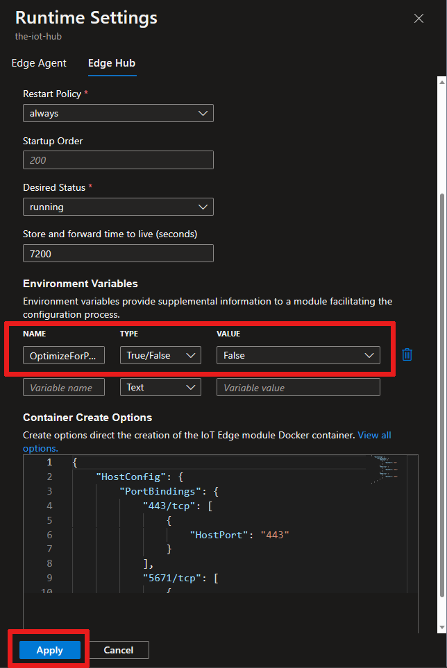Screenshot that shows where to add the OptimizeForPerformance environment variable in the Azure portal.