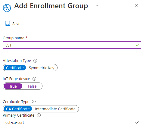 A screenshot adding DPS enrollment group using the Azure portal.