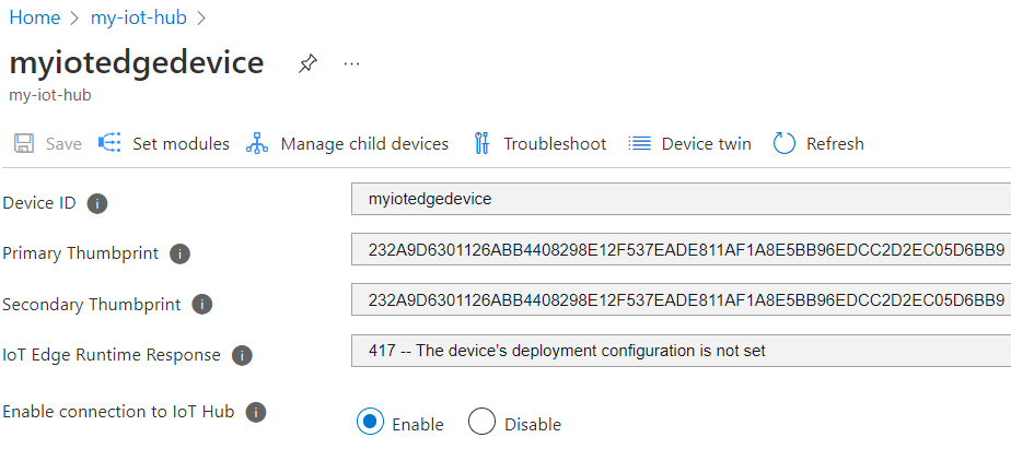 A screenshot of IoT Hub device settings in the Azure portal. Certificate thumbprints fields show new values.