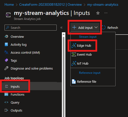 Screenshot showing where to add stream input in the Azure portal.