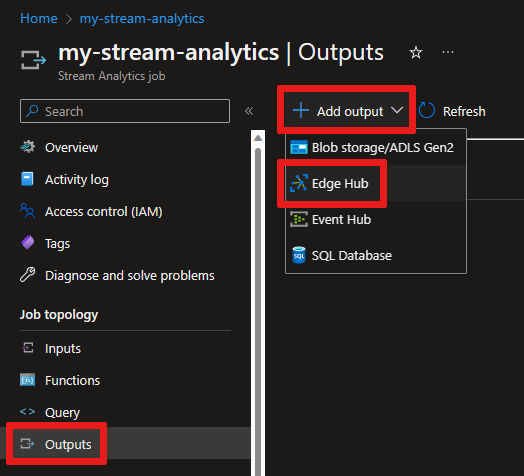Screenshot showing where to add stream output in the Azure portal.