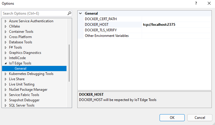 Screenshot of IoT Edge Tools settings