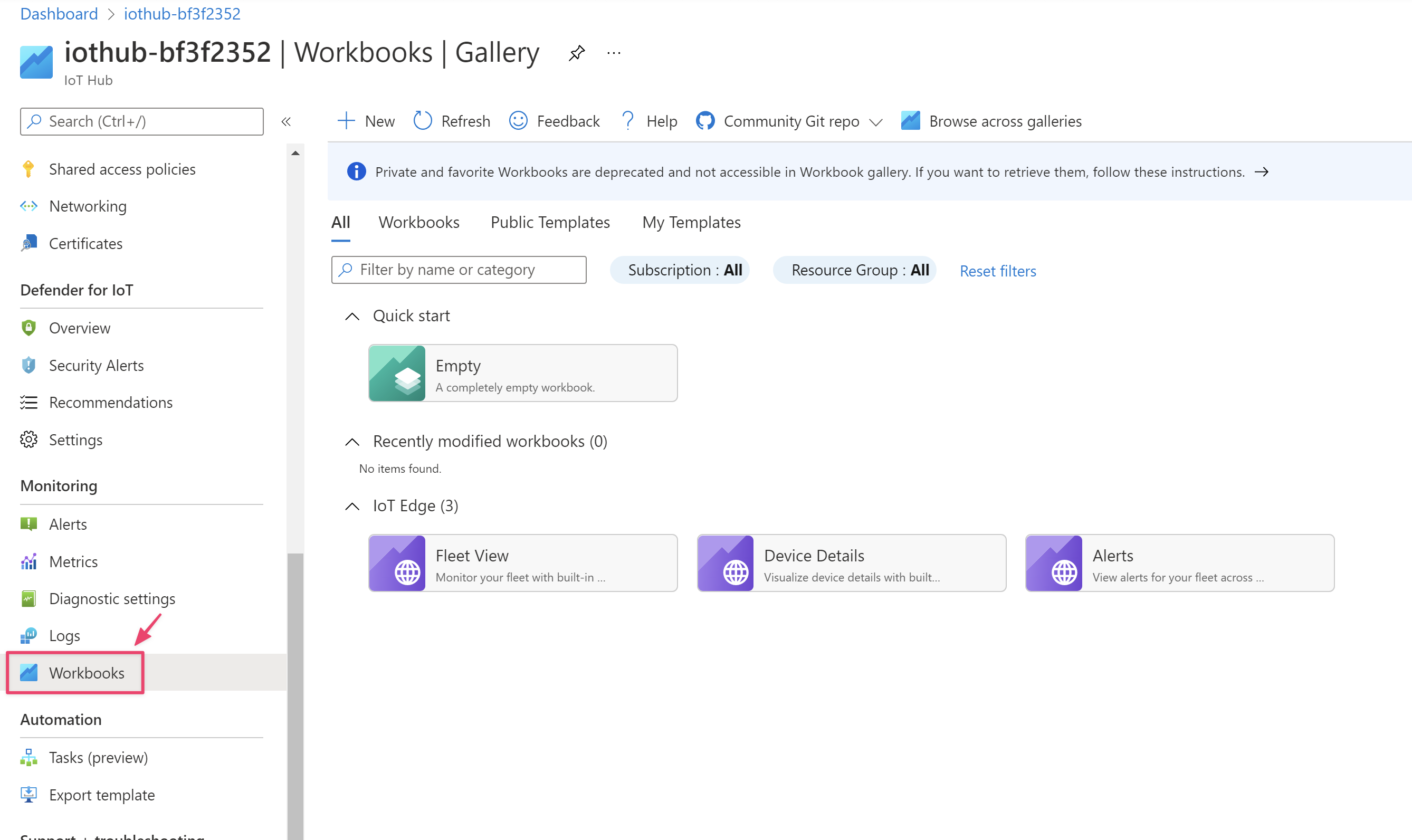 Select workbooks to open the Azure Monitor workbooks gallery.