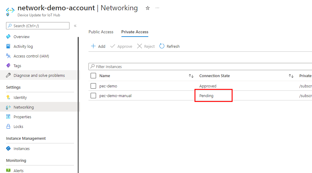 Screenshot showing a Pending Connection in the Networking tab in Device Update account.