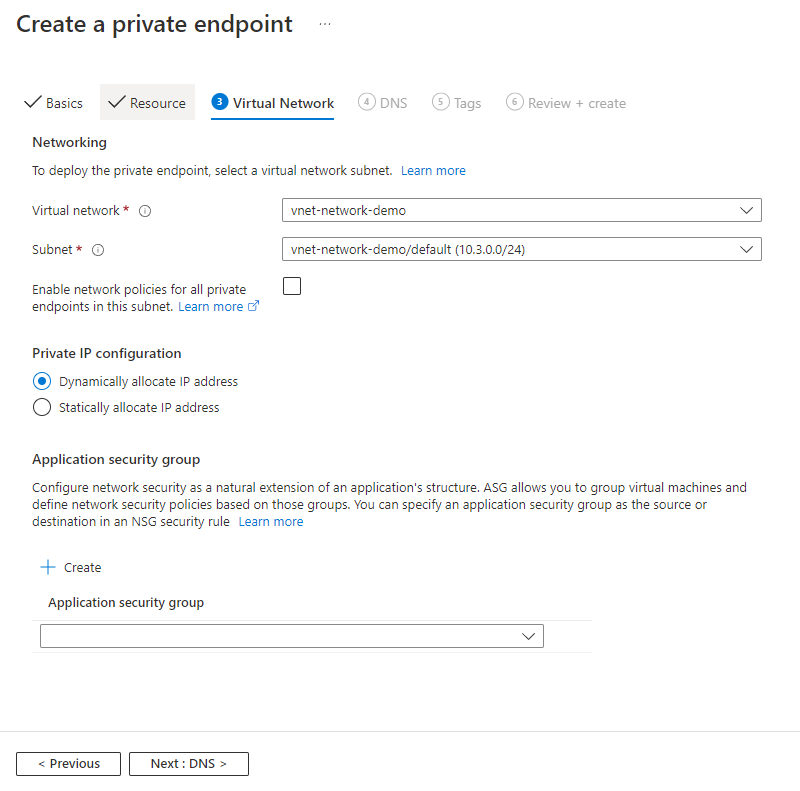 Screenshot showing the Virtual Network page of the Creating a private endpoint wizard.