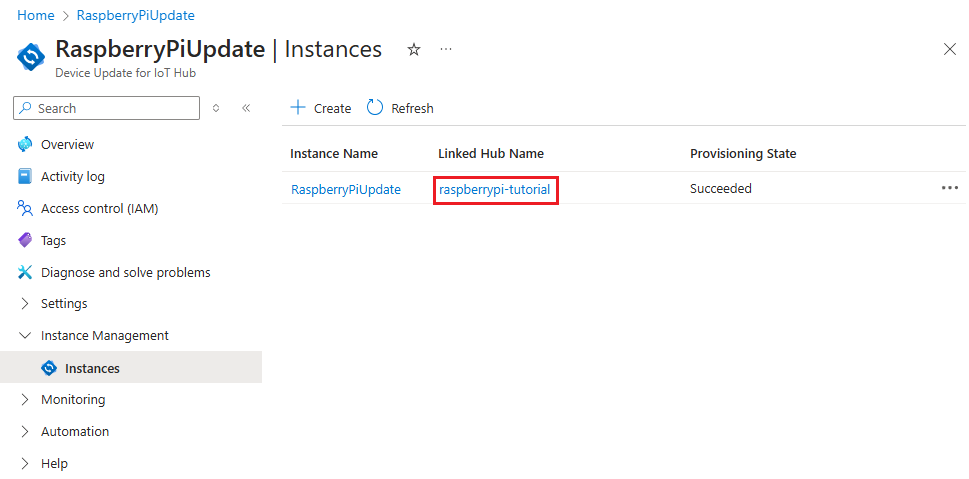 Screenshot of instance and linked IoT hub.