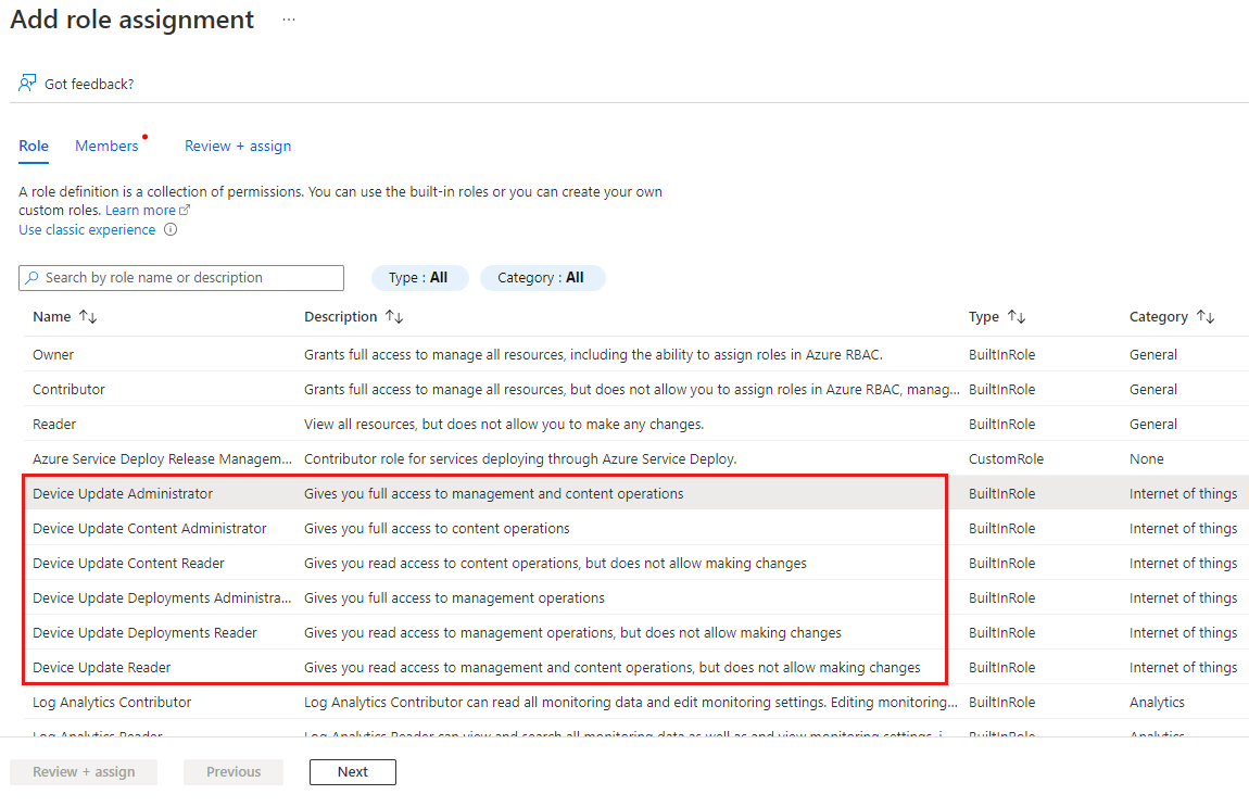Screenshot of access Control role assignments within Device Update account.