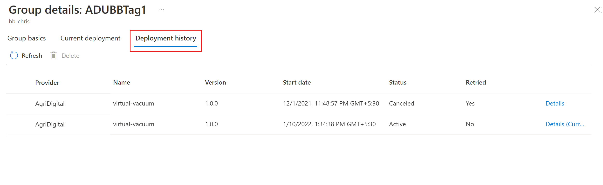 Screenshot that shows the deployment history.