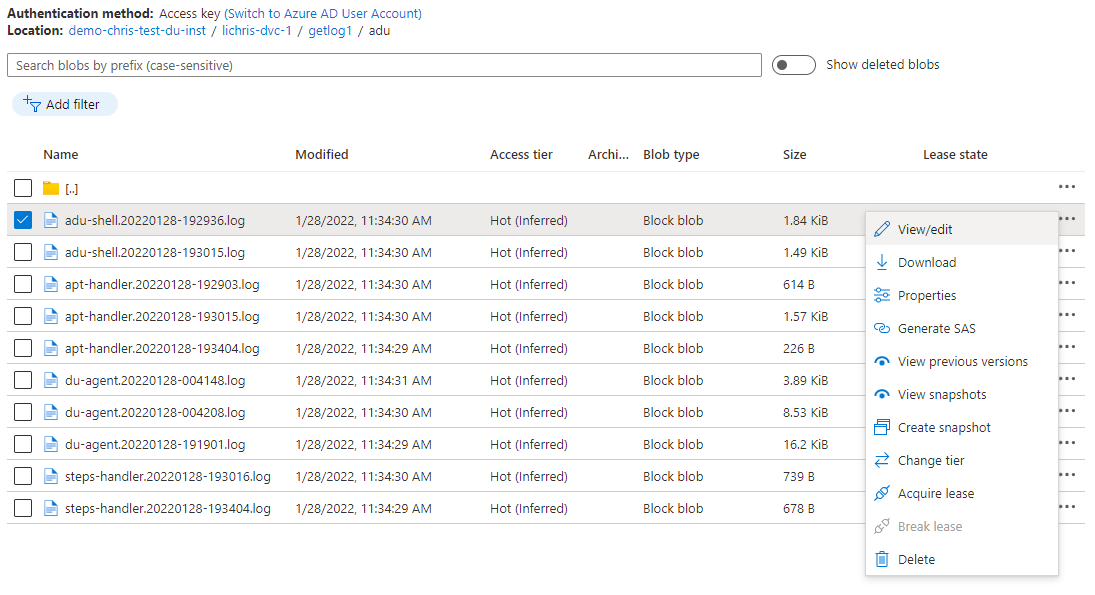 Screenshot of log file within Azure Blob storage.