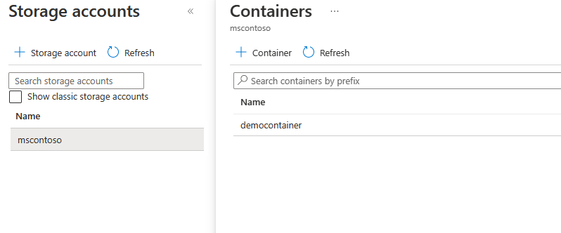Screenshot that shows Storage accounts and Containers.