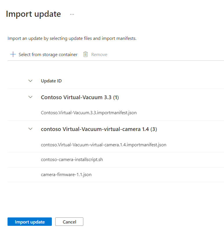 Screenshot that shows listed files and the button for importing an update.