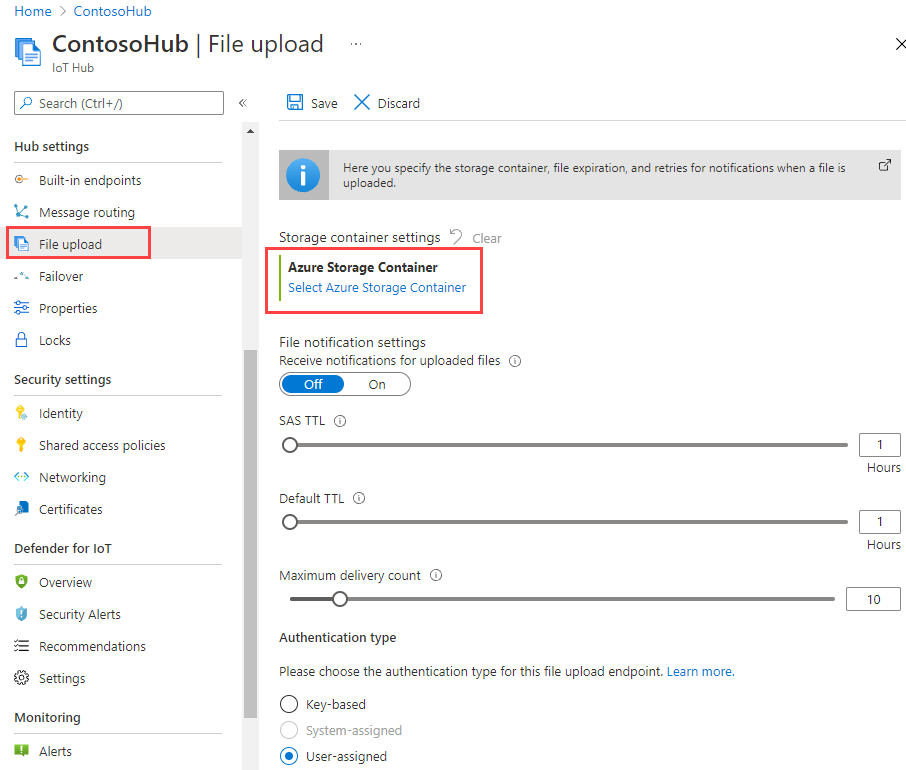Screenshot that shows how to configure file upload settings in the portal.