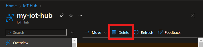 Screenshot showing where to find the delete button for an IoT hub in the Azure portal.