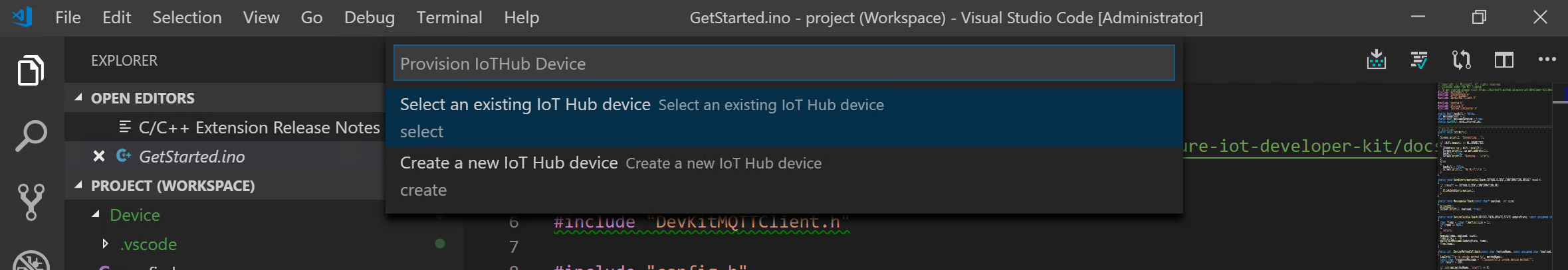 A screenshot that shows the fourth prompt in choosing an existing IoT Hub in VS Code.
