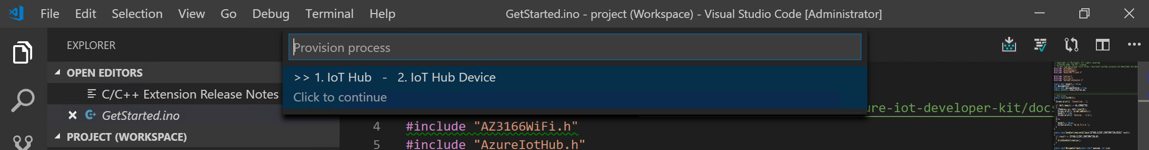 A screenshot that shows the first prompt in choosing an existing IoT Hub in VS Code.