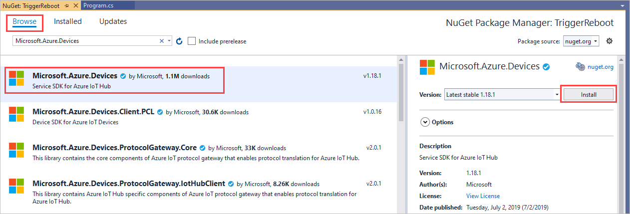 Screenshot that shows how to install the Microsoft.Azure.Devices package.