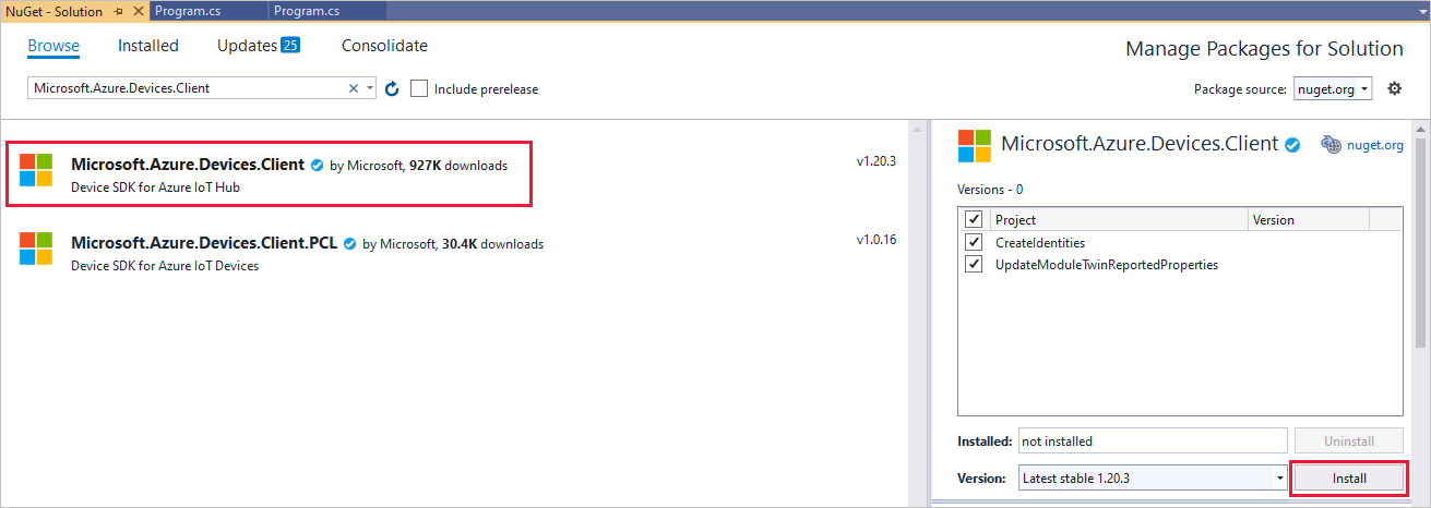Screenshot showing how to install the Microsoft.Azure.Devices.Client.