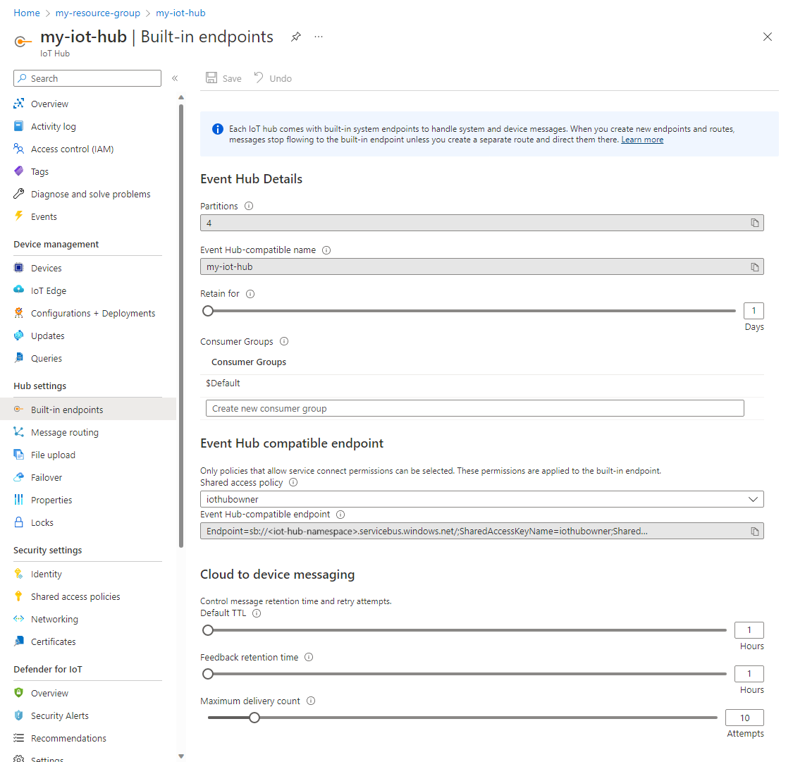 Understand the Azure IoT Hub built-in endpoint | Microsoft Learn