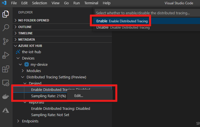 Screenshot that shows how to enable distributed tracing in the Azure IoT Hub extension.