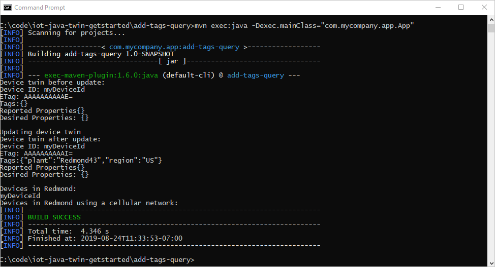 Screenshot that shows the output from the command to run the add tags query service app.