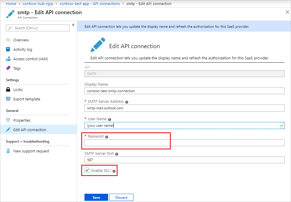 Edit SMTP API connection in your logic app in the Azure portal