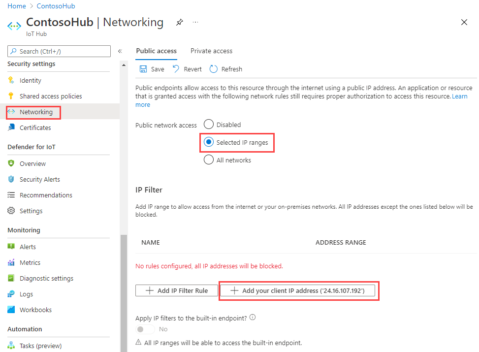 Screenshot showing the Azure portal where to turn on public network access.