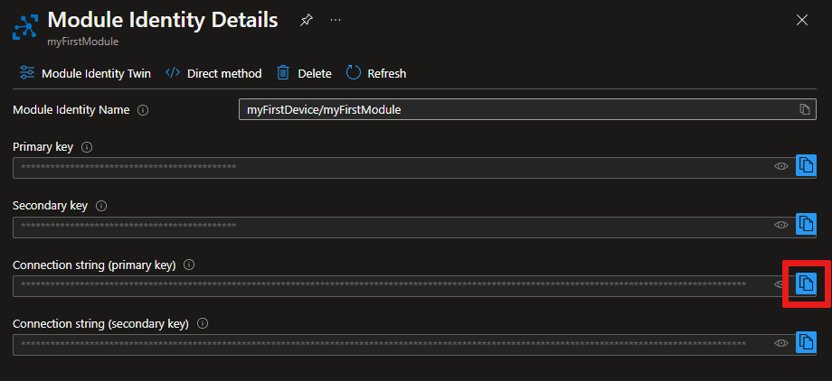 Screenshot of the Module Identity Details page in the Azure portal.