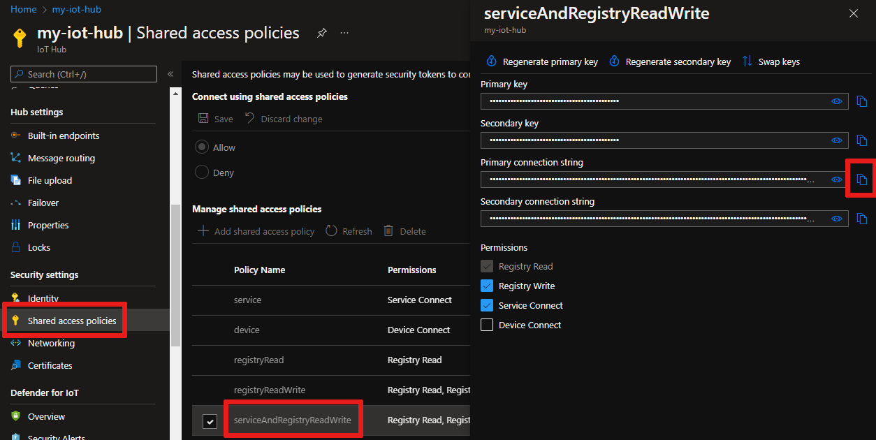 Screenshot of how to get the primary connection string from an access policy in the IoT Hub of the Azure portal.