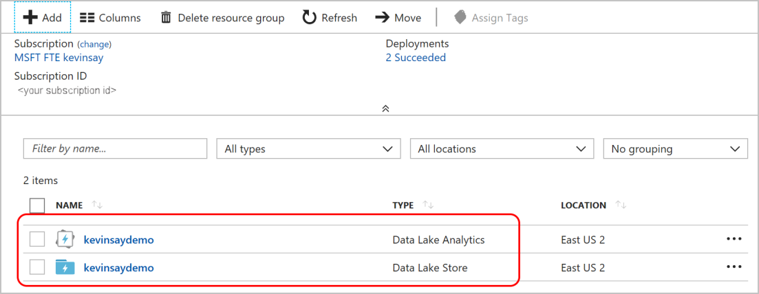 Data Lake Store and Data Lake Analytics instances