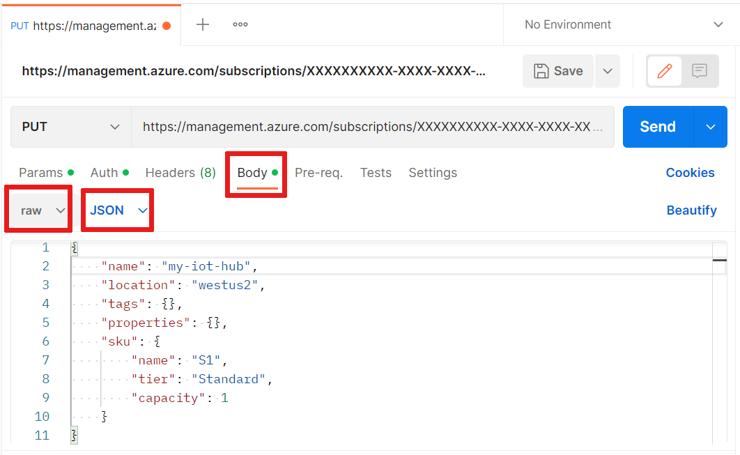 Screenshot that shows how to add JSON to the body of your request in Postman.